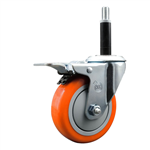 Service Caster 3/4 inch expanding stem  stainless steel swivel caster with a 4 inch orange polyurethane wheel and a total lock brake. Featuring stainless steel components, these casters are ideal for any equipment with round or square tube legs.