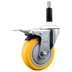 Service Caster 7/8 inch expanding stem  stainless steel swivel caster with a 4 inch yellow polyurethane wheel and a total lock brake. Featuring stainless steel components, these casters are ideal for any equipment with round or square tube legs.