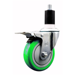 Service Caster 1-1/2 inch expanding stem  stainless steel swivel caster with a 4 inch green polyurethane wheel and a total lock brake. Featuring stainless steel components, these casters are ideal for any equipment with round or square tube legs.