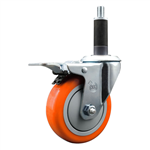 Service Caster 1 inch expanding stem  stainless steel swivel caster with a 4 inch orange polyurethane wheel and a total lock brake. Featuring stainless steel components, these casters are ideal for any equipment with round or square tube legs.