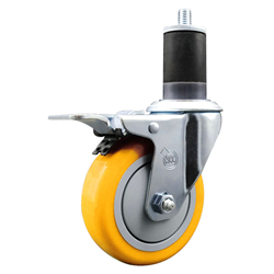 Service Caster 1-5/8 inch expanding stem  stainless steel swivel caster with a 4 inch yellow polyurethane wheel and a total lock brake. Featuring stainless steel components, these casters are ideal for any equipment with round or square tube legs.