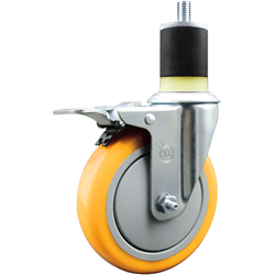 Service Caster 1-7/8 inch expanding stem  stainless steel swivel caster with a 5 inch yellow polyurethane wheel and a total lock brake. Featuring stainless steel components, these casters are ideal for any equipment with round or square tube legs.