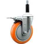 Service Caster 7/8 inch expanding stem  stainless steel swivel caster with a 5 inch orange polyurethane wheel and a total lock brake. Featuring stainless steel components, these casters are ideal for any equipment with round or square tube legs.