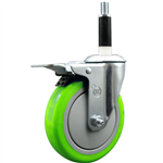 Service Caster 7/8 inch expanding stem  stainless steel swivel caster with a 5 inch green polyurethane wheel and a total lock brake. Featuring stainless steel components, these casters are ideal for any equipment with round or square tube legs.