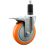 Service Caster 1-1/4 inch expanding stem  stainless steel swivel caster with a 5 inch orange polyurethane wheel and a total lock brake. Featuring stainless steel components, these casters are ideal for any equipment with round or square tube legs.