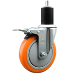 Service Caster 1-3/4 inch expanding stem  stainless steel swivel caster with a 5 inch orange polyurethane wheel and a total lock brake. Featuring stainless steel components, these casters are ideal for any equipment with round or square tube legs.