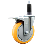 Service Caster 1-1/8 inch expanding stem  stainless steel swivel caster with a 5 inch yellow polyurethane wheel and a total lock brake. Featuring stainless steel components, these casters are ideal for any equipment with round or square tube legs.