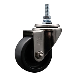 Service Caster #20 Series 10mm threaded stem stainless steel swivel casters with 3 inch polyolefin wheel.