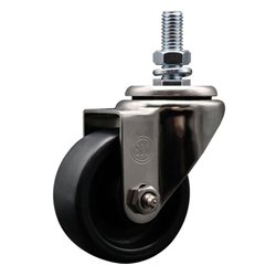 Service Caster #20 Series 12mm threaded stem stainless steel swivel casters with 3 inch polyolefin wheel.
