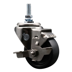 Service Caster #20 Series 10mm threaded stem stainless steel swivel casters with 3 inch polyolefin wheel and brake.