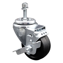 10mm threaded stem stainless steel swivel casters with 3 inch soft rubber wheel and brake
