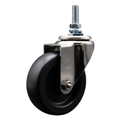 Service Caster #20 Series 10mm threaded stem stainless steel swivel casters with 4 inch polyolefin wheel.