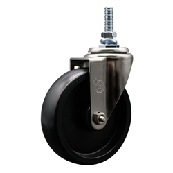 Service Caster #20 Series 10mm threaded stem stainless steel swivel casters with 5 inch polyolefin wheel.