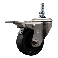 Service Caster #20 Series 10mm threaded stem stainless steel swivel casters with 3 inch polyolefin wheel and total lock.