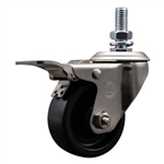 Service Caster #20 Series 12mm threaded stem stainless steel swivel casters with 3 inch polyolefin wheel and total lock.