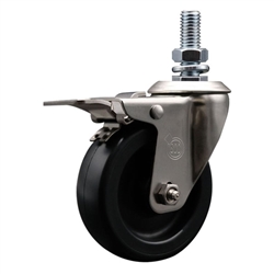 Service Caster #20 Series 12mm threaded stem stainless steel swivel casters with 4 inch polyolefin wheel and total lock.