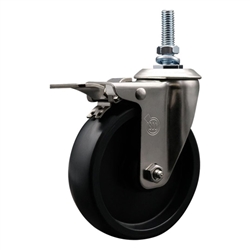 Service Caster #20 Series 10mm threaded stem stainless steel swivel casters with 5 inch polyolefin wheel and total lock.