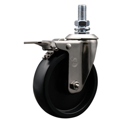 Service Caster #20 Series 12mm threaded stem stainless steel swivel casters with 5 inch polyolefin wheel and total lock.