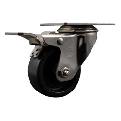 Service Caster #20 Series stainless steel swivel casters with 3 inch polyolefin wheel and total lock brake.
