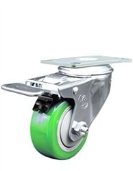 Service Caster #20 Series Stainless Steel swivel casters with 3 inch polyurethane wheel featuring Total Lock Brake. Well-suited for food service carts, hospital carts and beds, pharmaceutical applications, and industrial equipment dollies and carts. 