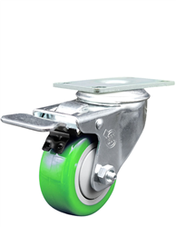 Service Caster #20 Series Stainless Steel swivel casters with 3-1/2 inch polyurethane wheel featuring Total Lock Brake. Well-suited for food service carts, hospital carts and beds, pharmaceutical applications, and industrial equipment dollies and carts. 