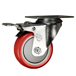 3-1/2" Stainless Steel Swivel Caster with Total Lock Brake and Red Poly Wheel