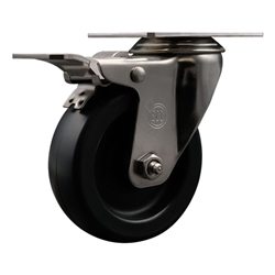 Service Caster #20 Series stainless steel swivel casters with 4 inch polyolefin wheel and total lock brake.