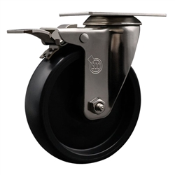 Service Caster #20 Series stainless steel swivel casters with 5 inch polyolefin wheel and total lock brake.