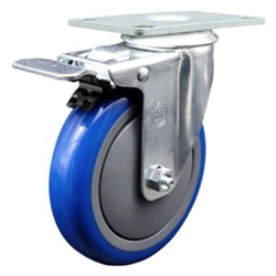 Service Caster #20 Series stainless steel swivel casters with 5 inch blue polyurethane tread wheel and total lock brake.