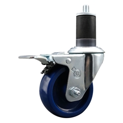 Service Caster #20 Series 1-5/8 inch expanding adapter stem stainless steel swivel casters with 3-1/2 inch solid blue polyurethane wheel and total lock.