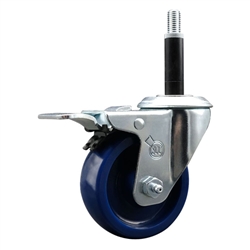 Service Caster #20 Series 3/4 inch expanding adapter stem stainless steel swivel casters with 3-1/2 inch solid blue polyurethane wheel and total lock.