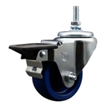 Service Caster #20 Series 3/8 inch threaded stem swivel casters with 3 inch solid blue polyurethane wheel and posi lock.