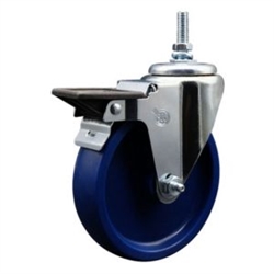 Service Caster #20 Series 3/8 inch threaded stem swivel casters with 5 inch solid blue polyurethane wheel and posi lock.