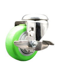 Service Caster #20 Series stainless steel swivel caster with brake and 3.5 inch Green polyurethane wheel. These casters are ideal for commercial kitchens, food processing, carts, equipment, and DIY project requiring regular wash down or in wet areas.