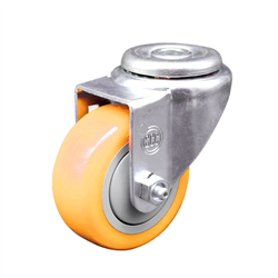 Service Caster #20 Series stainless steel swivel caster with 3.5 inch yellow polyurethane wheel. These casters are ideal for commercial kitchens, food processing, carts, equipment, and DIY project requiring regular wash down or in wet areas. 