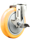 Service Caster #20 Series stainless steel swivel caster with brake and 5 inch yellow polyurethane wheel. These casters are ideal for commercial kitchens, food processing, carts, equipment, and DIY project requiring regular wash down or in wet areas.