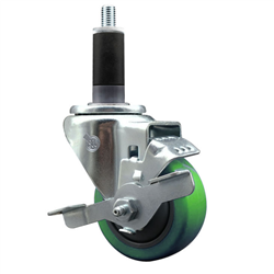 Service Caster 1-1/8 inch expanding stem 316 stainless steel swivel caster with a 3 inch green polyurethane wheel and a brake. Featuring stainless steel components, these casters are ideal for any equipment with round or square tube legs.