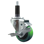 Service Caster 1 inch expanding stem 316 stainless steel swivel caster with a 3 inch green polyurethane wheel and a brake. Featuring stainless steel components, these casters are ideal for any equipment with round or square tube legs.