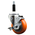 Service Caster 7/8 inch expanding stem 316 stainless steel swivel caster with a 3-1/2 inch orange polyurethane wheel and a brake. Featuring stainless steel components, these casters are ideal for any equipment with round or square tube legs.