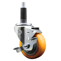 Service Caster 1 inch expanding stem 316 stainless steel swivel caster with a 3-1/2 inch yellow polyurethane wheel and a brake. Featuring stainless steel components, these casters are ideal for any equipment with round or square tube legs.