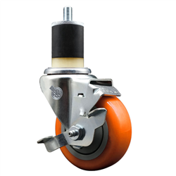 Service Caster 1-7/8 inch expanding stem 316 stainless steel swivel caster with a 3-1/2 inch orange polyurethane wheel and a brake. Featuring stainless steel components, these casters are ideal for any equipment with round or square tube legs.