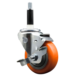 Service Caster 7/8 inch expanding stem 316 stainless steel swivel caster with a 3-1/2 inch orange polyurethane wheel and a brake. Featuring stainless steel components, these casters are ideal for any equipment with round or square tube legs.