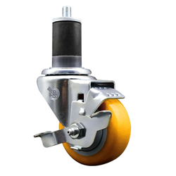 Service Caster 1-5/8 inch expanding stem 316 stainless steel swivel caster with a 3-1/2 inch yellow polyurethane wheel and a brake. Featuring stainless steel components, these casters are ideal for any equipment with round or square tube legs.