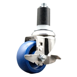 Service Caster #20 Series 1-1/2 inch expanding adapter stem Grade 316 stainless steel swivel casters with a 3-1/2 inch solid blue polyurethane wheel and brake provide a washable caster solution.