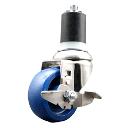 Service Caster #20 Series 1-7/8 inch expanding adapter stem Grade 316 stainless steel swivel casters with a 3-1/2 inch solid blue polyurethane wheel and brake provide a washable caster solution.