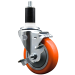 Service Caster 1-3/8 inch expanding stem 316 stainless steel swivel caster with a 4 inch orange polyurethane wheel and a brake. Featuring stainless steel components, these casters are ideal for any equipment with round or square tube legs.