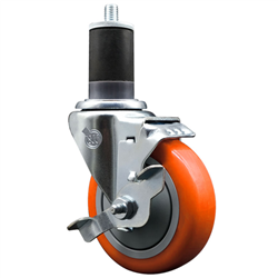 Service Caster 1-5/8 inch expanding stem 316 stainless steel swivel caster with a 4 inch orange polyurethane wheel and a brake. Featuring stainless steel components, these casters are ideal for any equipment with round or square tube legs.