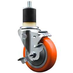 Service Caster 1-7/8 inch expanding stem 316 stainless steel swivel caster with a 4 inch orange polyurethane wheel and a brake. Featuring stainless steel components, these casters are ideal for any equipment with round or square tube legs.