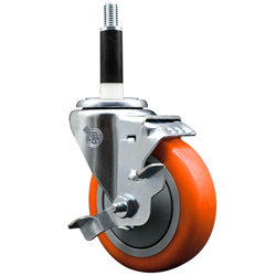 Service Caster 7/8 inch expanding stem 316 stainless steel swivel caster with a 4 inch orange polyurethane wheel and a brake. Featuring stainless steel components, these casters are ideal for any equipment with round or square tube legs.