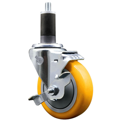 Service Caster 1-1/4 inch expanding stem 316 stainless steel swivel caster with a 4 inch yellow polyurethane wheel and a brake. Featuring stainless steel components, these casters are ideal for any equipment with round or square tube legs.